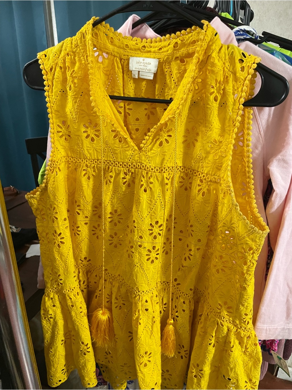 kate spade yellow eyelet tassel peplum tank